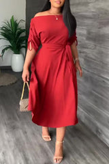 Fashion One-word Neck Waist Loose Swing Slit Casual Dress