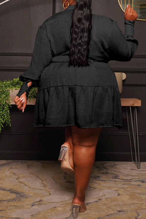 Round Neck Single Breasted Blouse Large Long Sleeve Pleated Dress