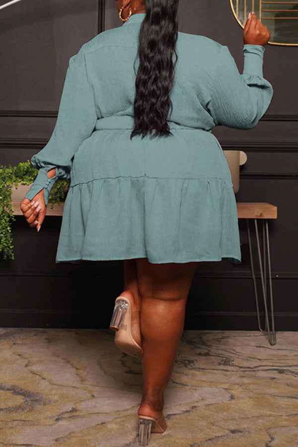 Round Neck Single Breasted Blouse Large Long Sleeve Pleated Dress