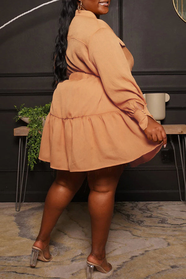 Round Neck Single Breasted Blouse Large Long Sleeve Pleated Dress