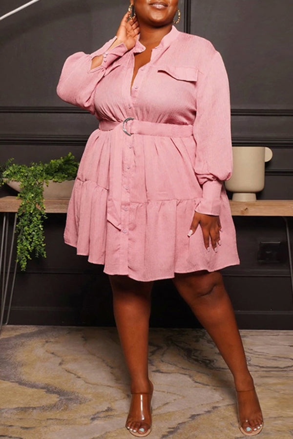 Round Neck Single Breasted Blouse Large Long Sleeve Pleated Dress
