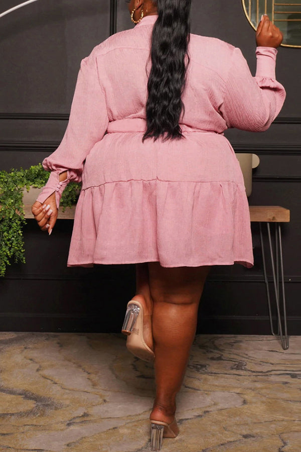 Round Neck Single Breasted Blouse Large Long Sleeve Pleated Dress