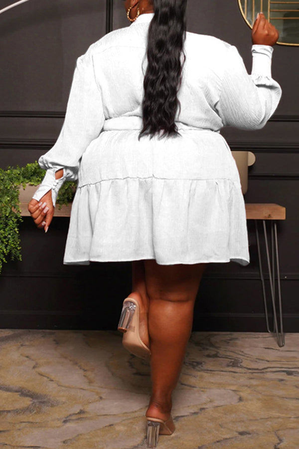 Round Neck Single Breasted Blouse Large Long Sleeve Pleated Dress