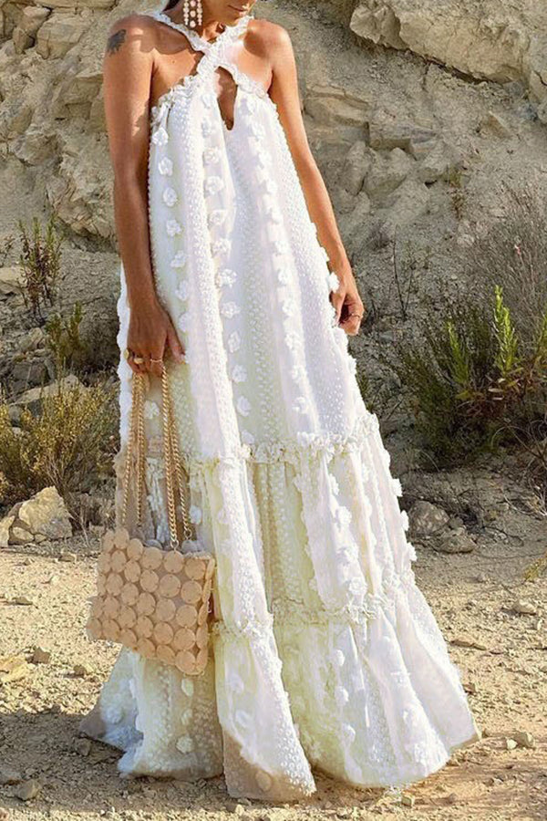 Fashion Halter Three-Dimensional Flower Mopping Cake Dress