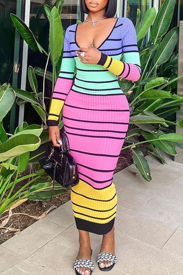 Fashion Color Contrast Striped Body Dress
