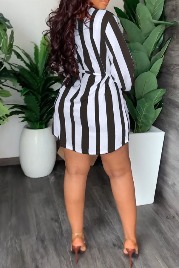 Fashion Stripe Print V-Neck Casual Dress with Belt