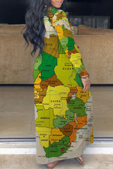 Fashion Positioning Print Pullover V-Neck Pocket Loose Dress