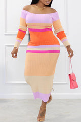 Fashionable Long Sleeve Line Neck Contrast Body Dress