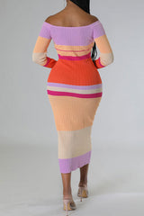 Fashionable Long Sleeve Line Neck Contrast Body Dress