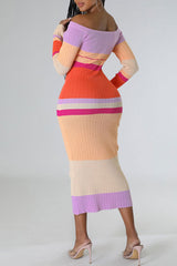 Fashionable Long Sleeve Line Neck Contrast Body Dress