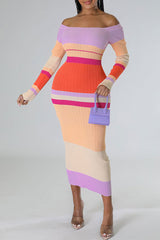 Fashionable Long Sleeve Line Neck Contrast Body Dress