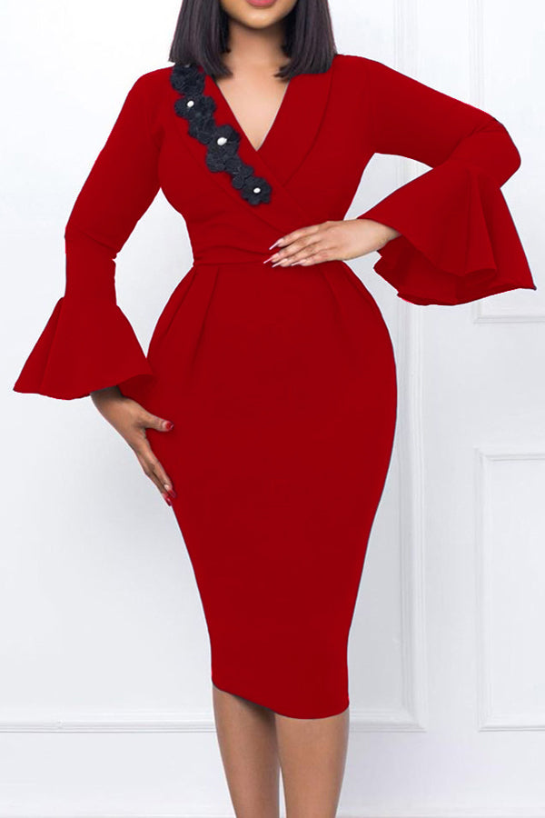 New V-neck Temperament Elegant Flared Sleeves Split Hip Dress