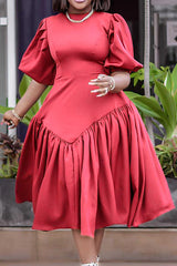 Fashion Plus Size Pleated Puff Sleeve Dress