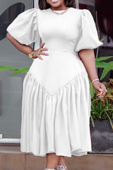 Fashion Plus Size Pleated Puff Sleeve Dress