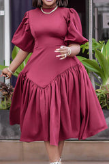 Fashion Plus Size Pleated Puff Sleeve Dress