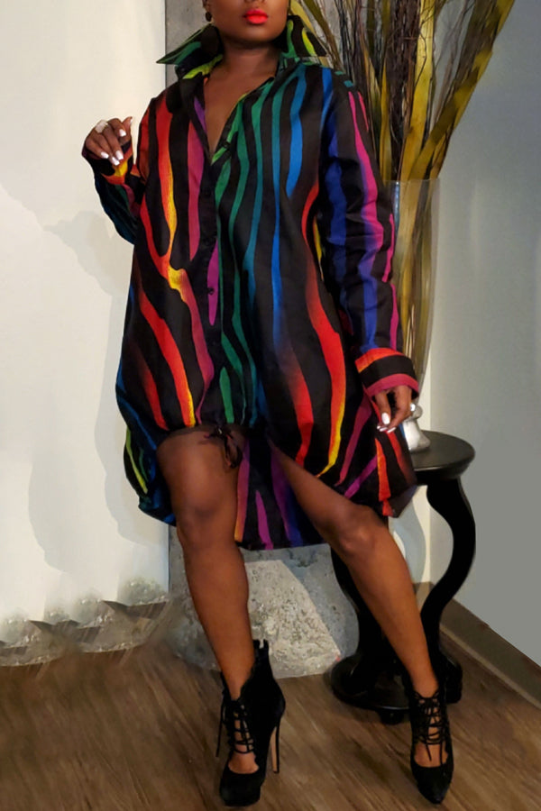 Trendy Colorful Striped Print Shirt Dress