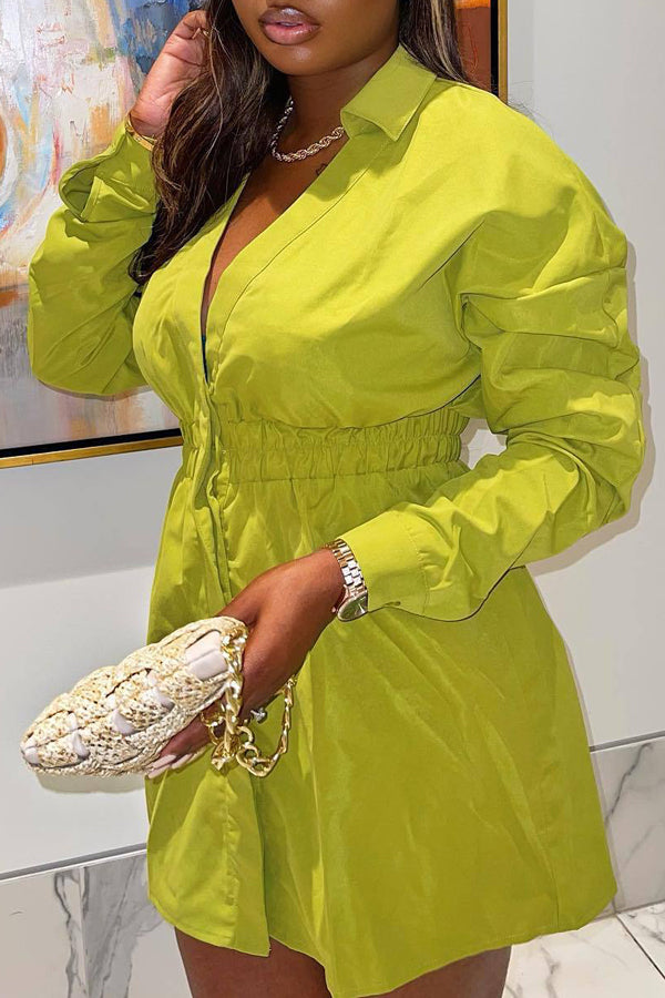Fashion V Neck High Waist Solid Color Drop Shoulder Sleeve Dress