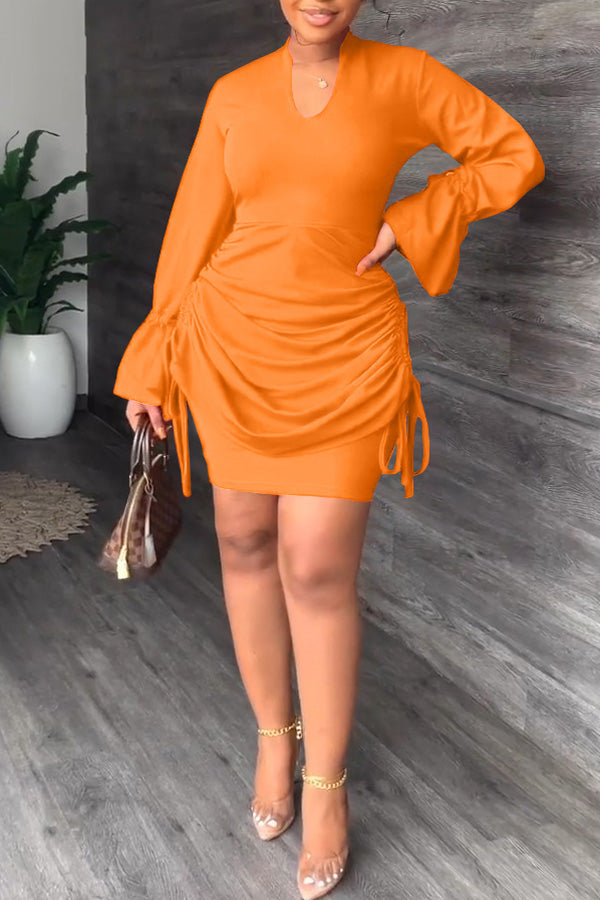 Sleek V-Neck Flared Sleeve Smocked Commuter Dress