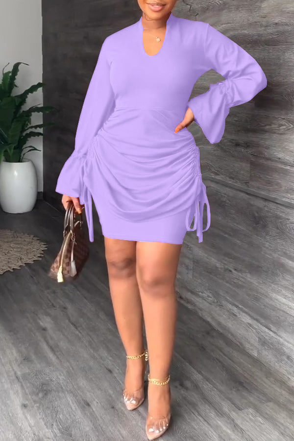 Sleek V-Neck Flared Sleeve Smocked Commuter Dress