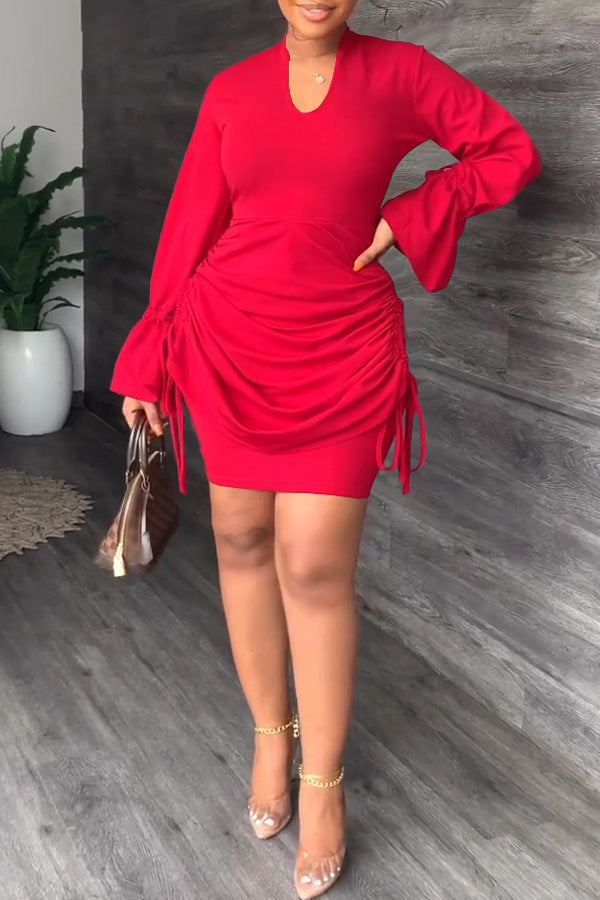 Sleek V-Neck Flared Sleeve Smocked Commuter Dress