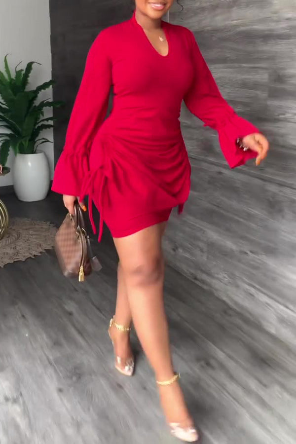 Sleek V-Neck Flared Sleeve Smocked Commuter Dress