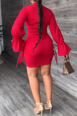 Sleek V-Neck Flared Sleeve Smocked Commuter Dress