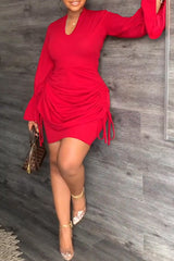Sleek V-Neck Flared Sleeve Smocked Commuter Dress