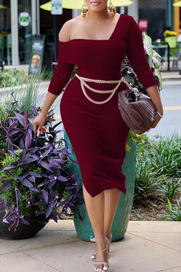 Fashionable Diagonal Neck Long Sleeve Metal Chain Belt Dress