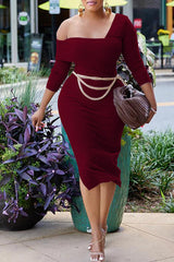 Fashionable Diagonal Neck Long Sleeve Metal Chain Belt Dress