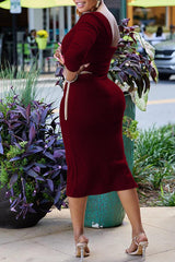 Fashionable Diagonal Neck Long Sleeve Metal Chain Belt Dress