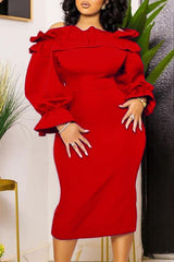 Fashion One-Line Neck Off Shoulder Long Sleeves Slim Fit Dress