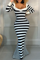 New Black and White Stripes Pack Hip Long Dress