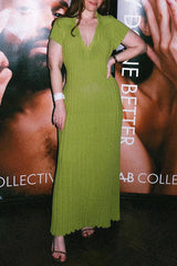 Casual Waist Neck Lapel V-Neck Pit Strip Slim Knitted Long Dress