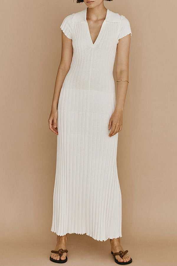 Casual Waist Neck Lapel V-Neck Pit Strip Slim Knitted Long Dress