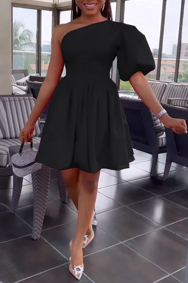 Fashion One Sleeve Puff Sleeve Neck Pleated Dress