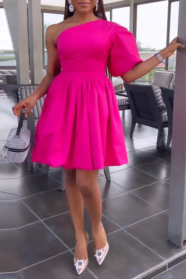 Fashion One Sleeve Puff Sleeve Neck Pleated Dress