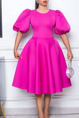Fashion Round Neck Temperament Puff Sleeve Waist Swing Dress A-Line Dress