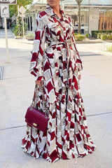 Fashion High Waist Romantic Red Shirt Type High Sense Printed Swing Long Dress