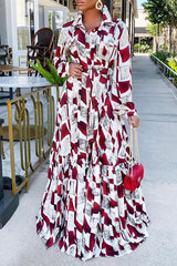 Fashion High Waist Romantic Red Shirt Type High Sense Printed Swing Long Dress