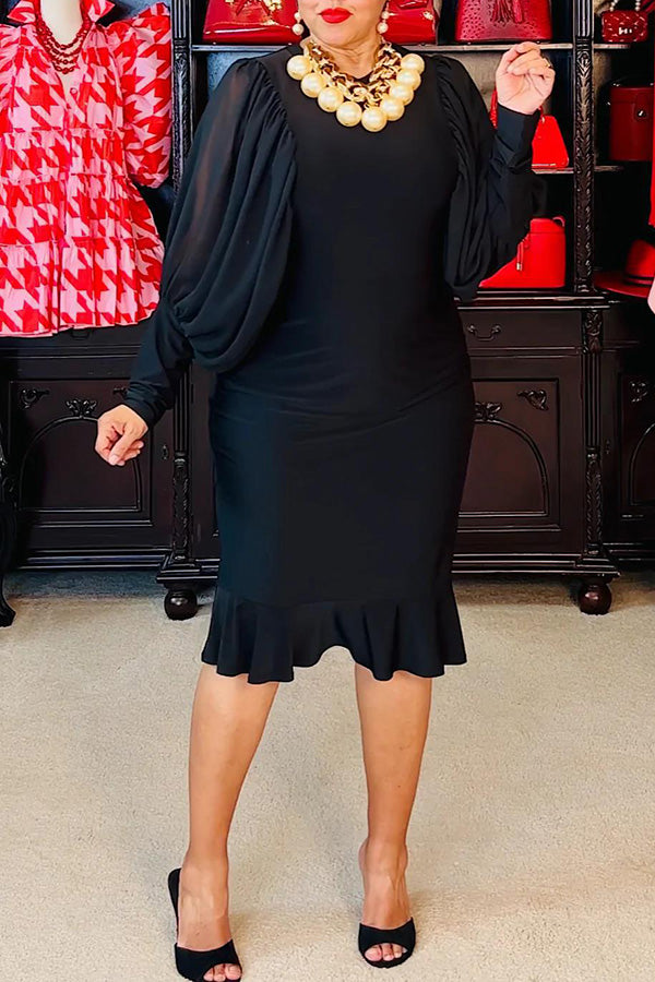 Fashion Solid Color Mosaic Balloon Sleeve Dress