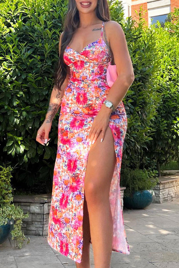 Fashion Digital Printing V-Neck Sling Mid-length Slit Sling Dress