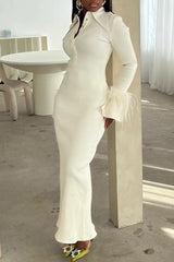 Fashion Lapel Long Sleeve Feather Mid-Length Ribbon Dress