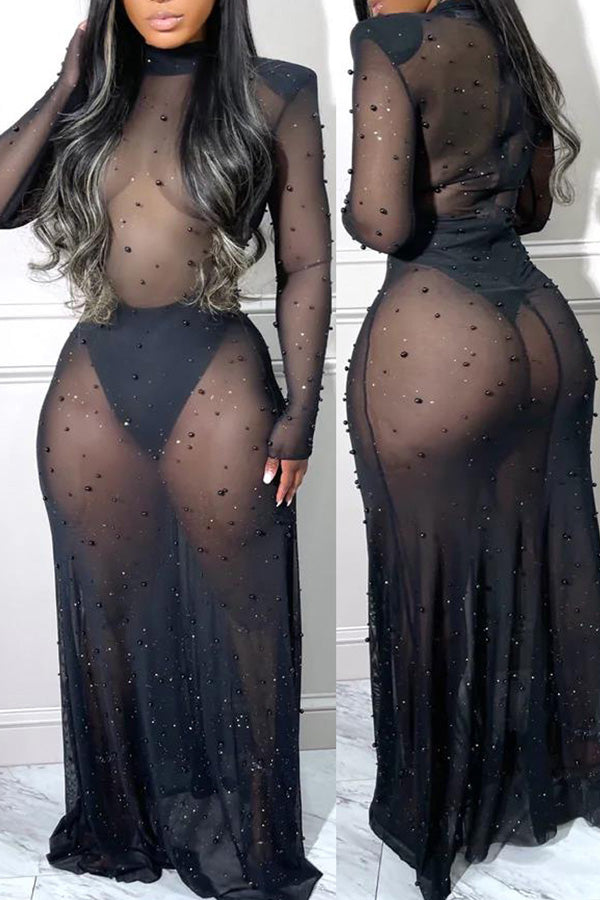 Sexy Mesh Sheer Long Sleeve Club Dress