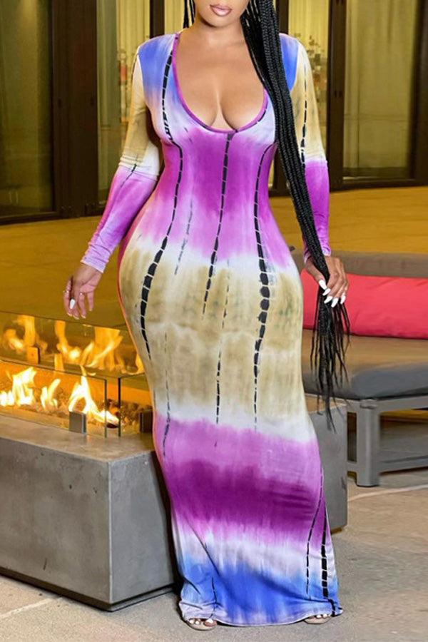 New Printed Color Contrast V-neck Long Sleeve Waist Pack Hip Dress