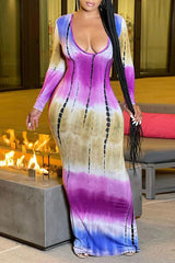 New Printed Color Contrast V-neck Long Sleeve Waist Pack Hip Dress