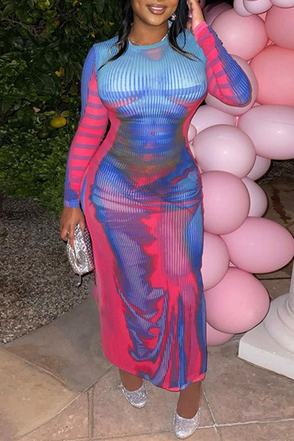 Sexy Long Sleeve Printed High Waist Slim Long Dress