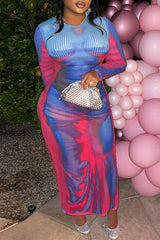 Sexy Long Sleeve Printed High Waist Slim Long Dress