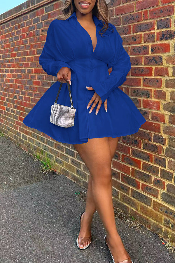 Fashion Casual Waisted Solid Color Shirt Dress