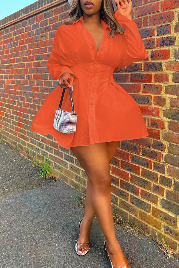 Fashion Casual Waisted Solid Color Shirt Dress