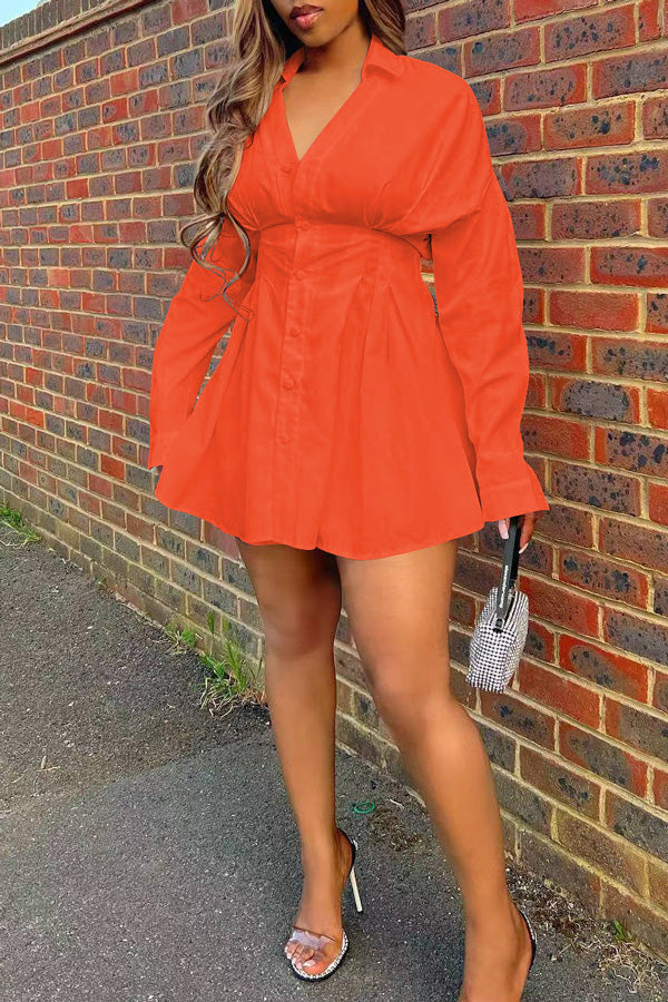 Fashion Casual Waisted Solid Color Shirt Dress